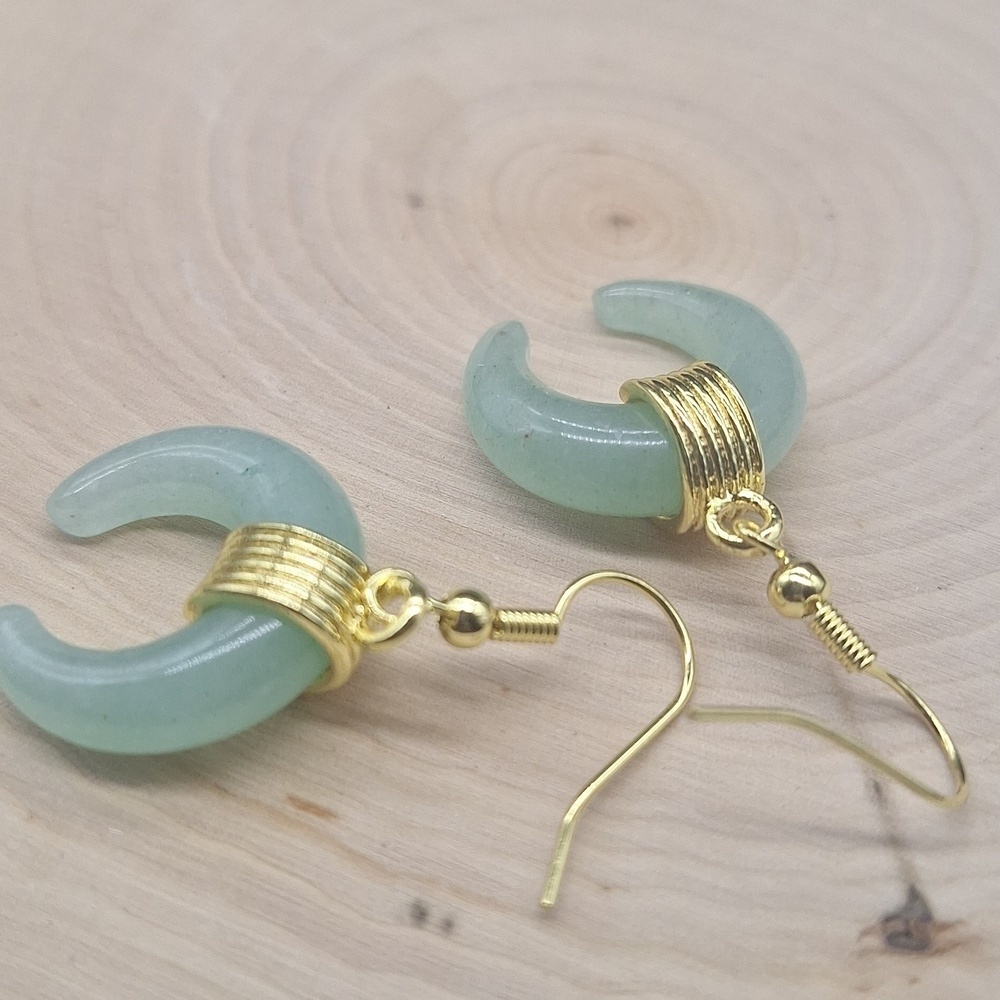 Green Aventurine Crescent Earrings | Gold-Plated | Luck & Prosperity Crystal - Picture 2 of 4